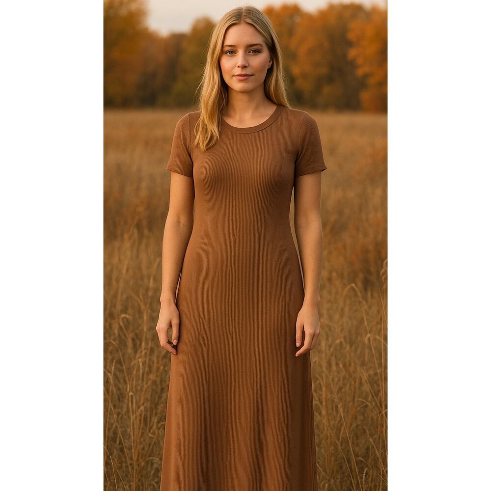 Gilli Isobel short sleeve ribbed fitted maxi brown short sleeve Size Medium fall - Picture 2 of 11